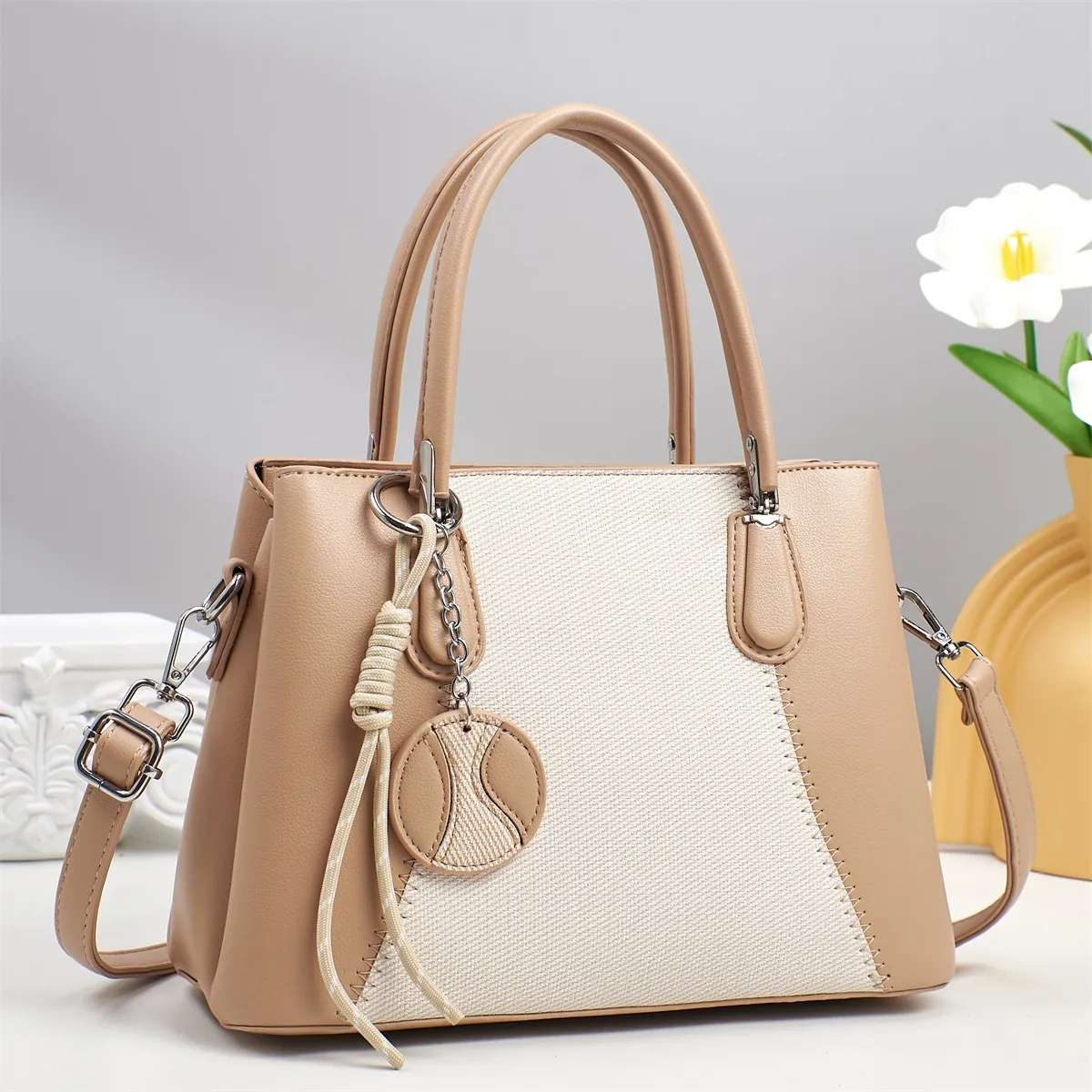 Women Fashion PU Leather Canvas Patchwork Tote Bag Minimalist V Shape Stitching Handbag With Crossbody Strap Round Charm