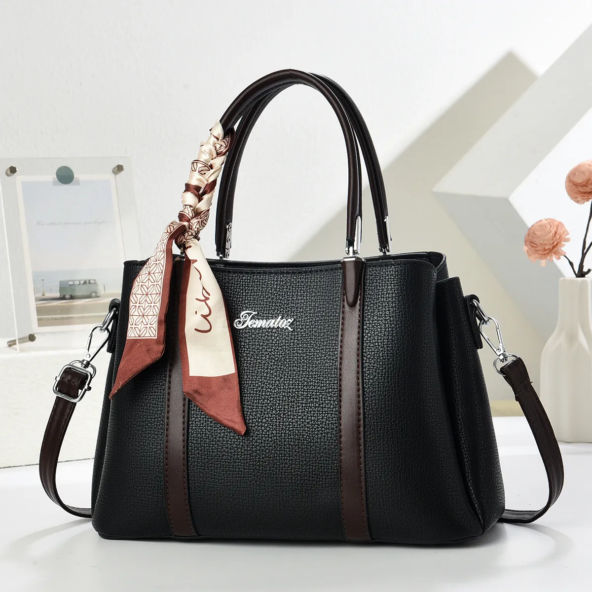 Fashion Women Lychee Grain PU Leather Handbag Large Capacity Bucket Bag With Decorative Scarf Shoulder Crossbody Bag