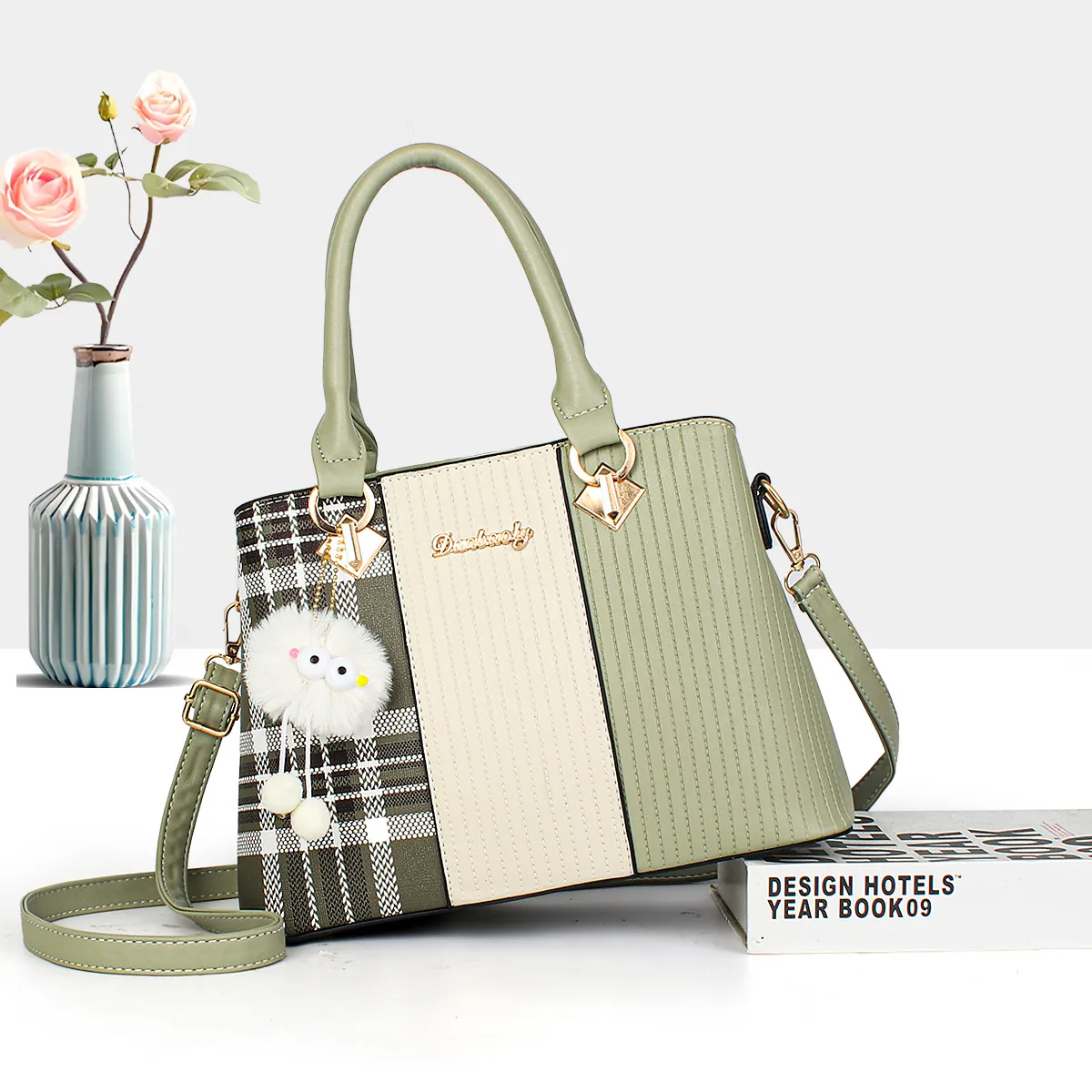 Women Plaid Patchwork PU Leather Tote Bag With Furry Ball Charm Vintage Embossed Shoulder Crossbody Bag Fashion Handbag