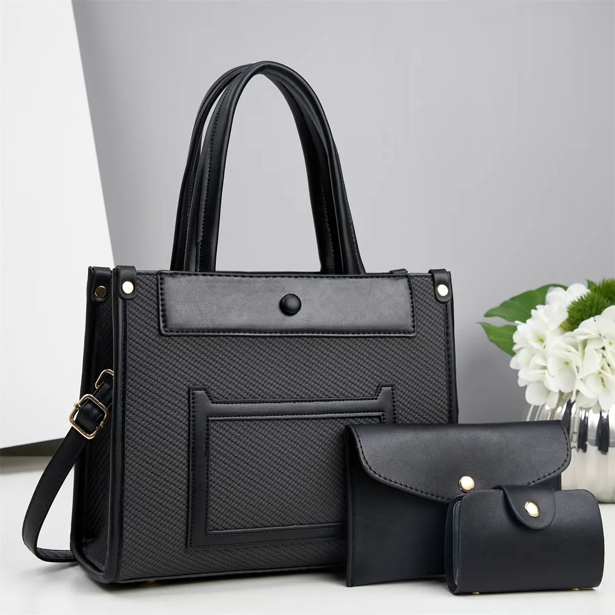 Ensemble de Sacs Cabas pour Femmes en Cuir PU Texture Tissée Patchwork Grande Capacité Sac à Bandoulière pour Navettage Chic Urbain
