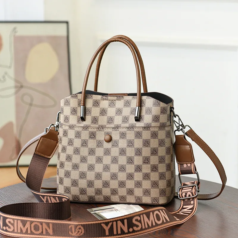 Borsa a Secchiello Donna Vintage Stampata Grande Capacità Retro Monogramma Tote Sacca Tracolla Larga Pelle PU Tracolla