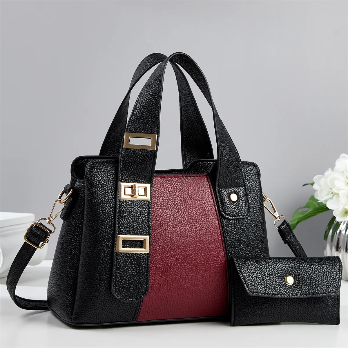 Fashion Women PU Leather Litchi Grain Handbag And Matching Purse Colorblock Shoulder Crossbody Bag For Daily Use Travel