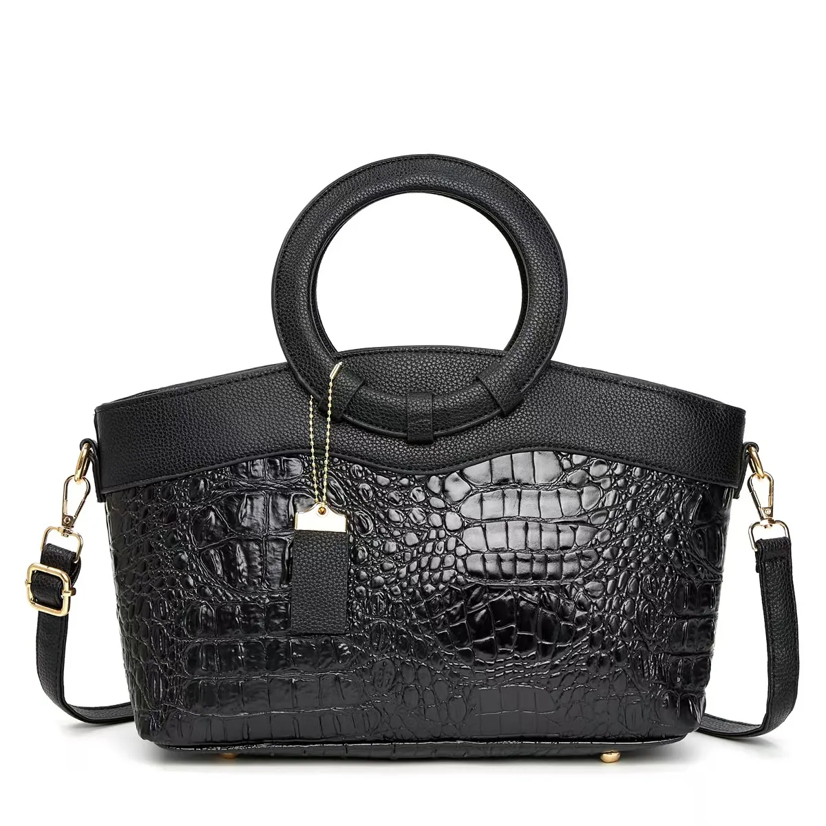 Vintage Crocodile Embossed PU Leather Handbag For Women Elegant Round Handle Stitching Shoulder Crossbody Bag Large Tote
