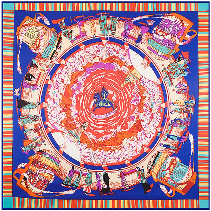 Large Satin Square Scarf Ethnic Illustration Pegasus Printed Luxury Shawl Wrap For Women Elegant Fashion Accessory