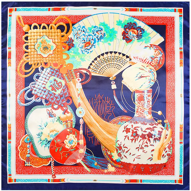 Elegant Satin Square Scarf Oriental Chinese Knot Print Large Shawl Floral Peony Pattern Silk Feel Neck Scarf For Women