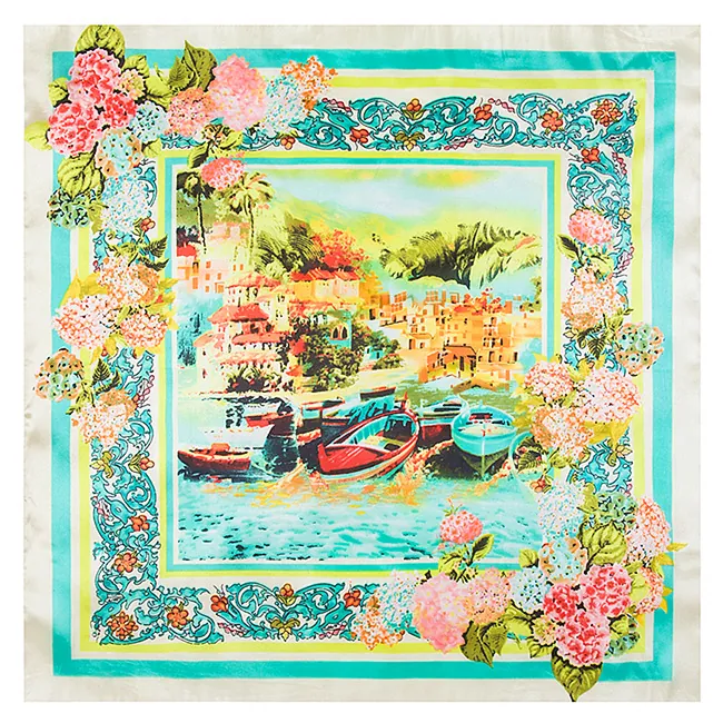 Elegant Women Satin Square Scarf Oil Painting Ship Floral Print Neck Scarf Hair Scarf Handkerchief Daily Decoration