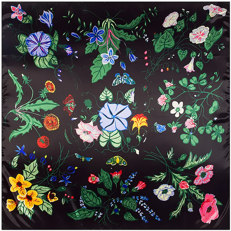 Large Satin Square Scarf For Women Botanical Floral Butterfly Print Head Scarf Vintage Flower Pattern Shawl Wraps Fashion