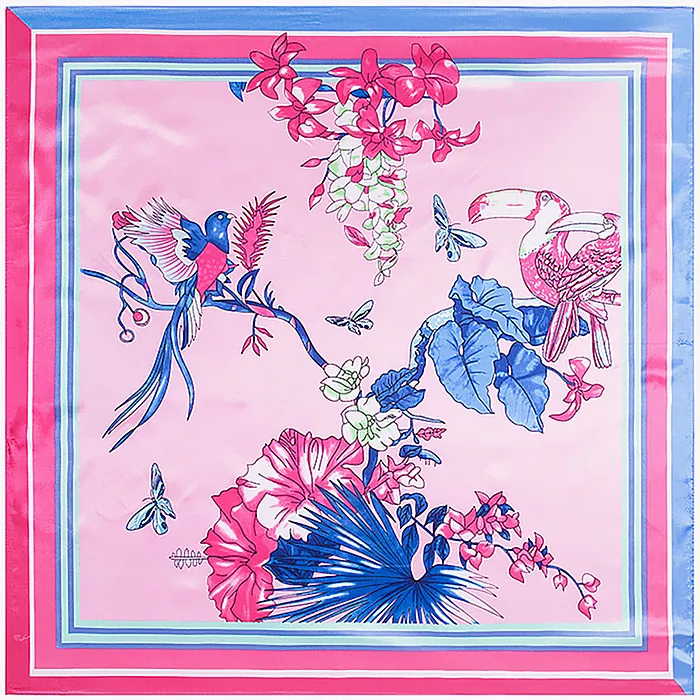 Grand Foulard Carré en Satin Imprimé Oiseau Tropical et Fleurs Sensation Soie Écharpe de Cou Élégante pour Femmes