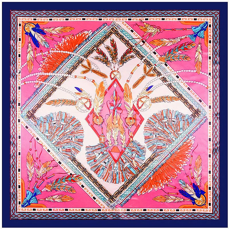 Women Ethnic Feather Print Satin Square Scarf Elegant Geometric Pattern Large Hair Scarf Decorative Neck Wrap For Party Travel