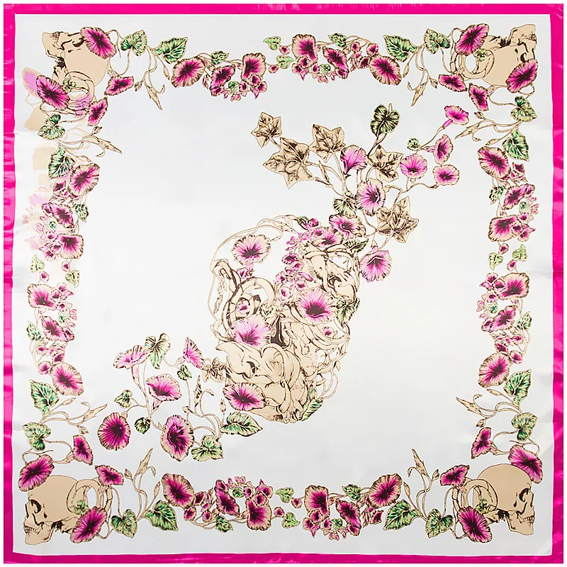 Women Skull Morning Glory Floral Print Square Satin Scarf Large Silk Feel Headscarf Shawl Wrap Gothic Retro Neck Scarf