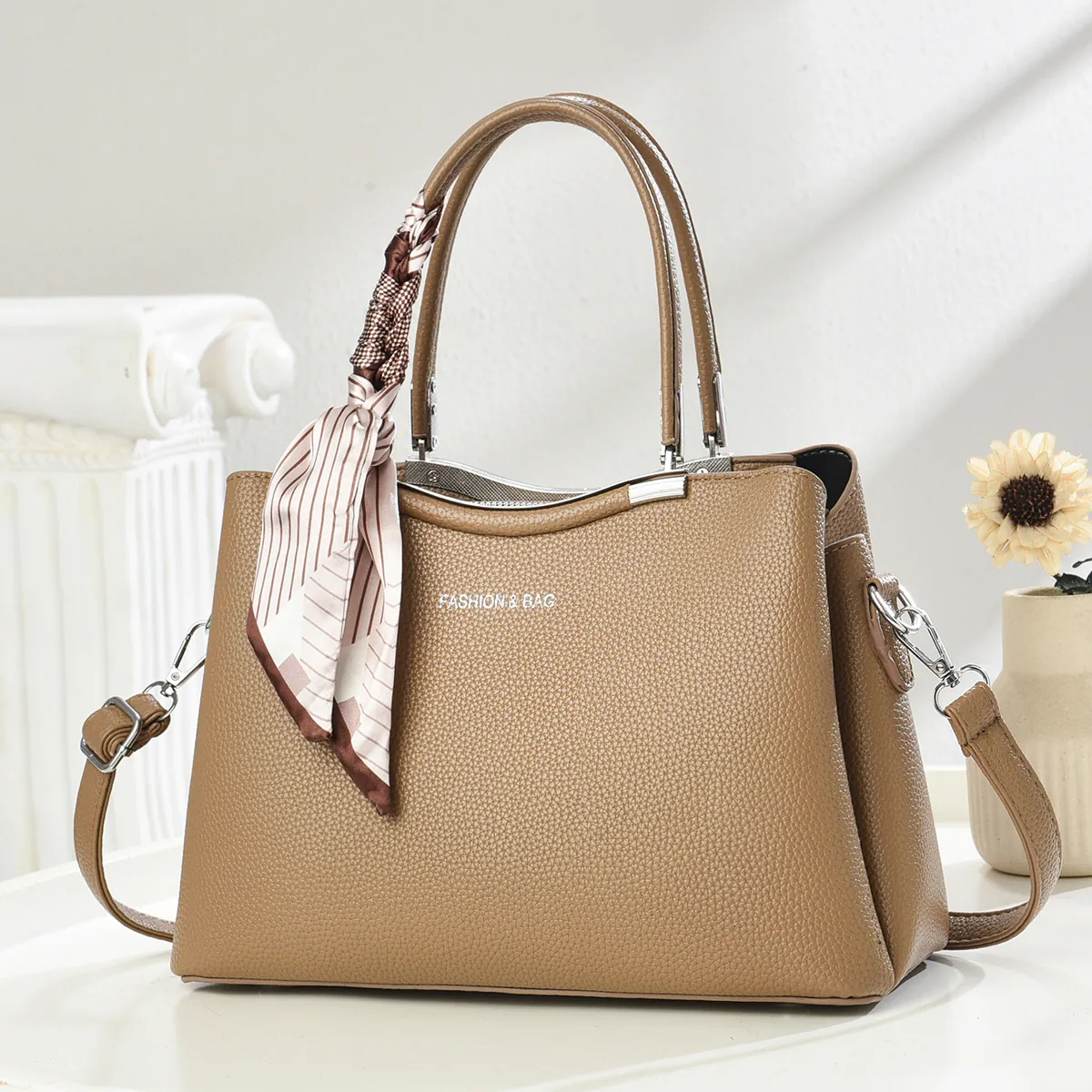 Women Fashion Litchi Pattern PU Leather Tote Bag Large Capacity Handbag With Satin Scarf Decor Crossbody Shoulder Bag For Daily Commute