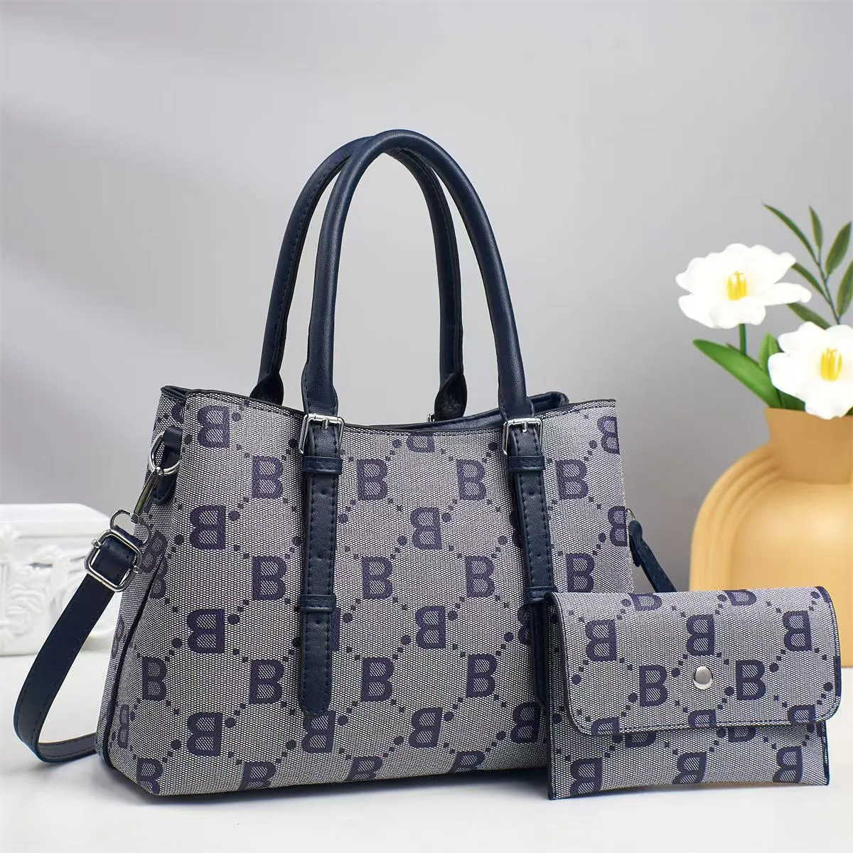 Fashion Women Tote Bag Wallet Set Monogram Letter Print PU Leather Handbag Large Capacity Shoulder Crossbody Bag For Daily Office