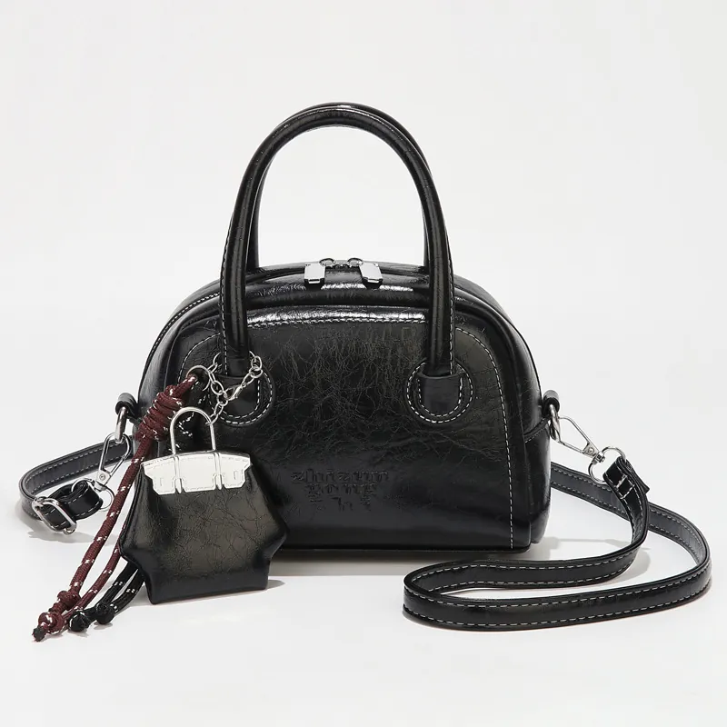 Women Vintage PU Leather Boston Bag Fashion Crinkled Texture Shoulder Crossbody Bag With Star Pendant Small Square Handbag