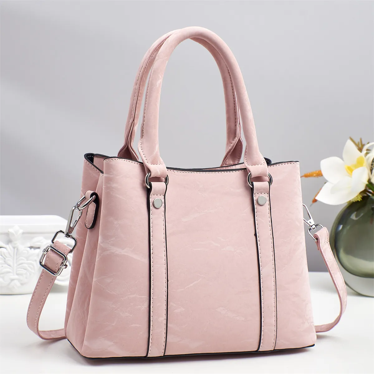 Vintage PU Leather Tote Bag For Women Large Capacity Wrinkle Texture Shoulder Crossbody Bag Casual Daily Commute Handbag