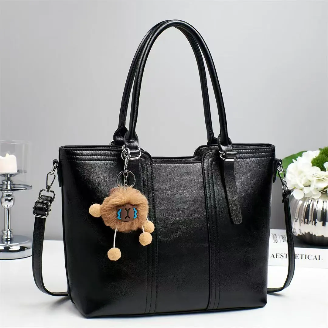 Women Large Capacity PU Leather Tote Bag Fashion Handbag With Shoulder Strap Plush Pendant Bucket Shoulder Crossbody Bag