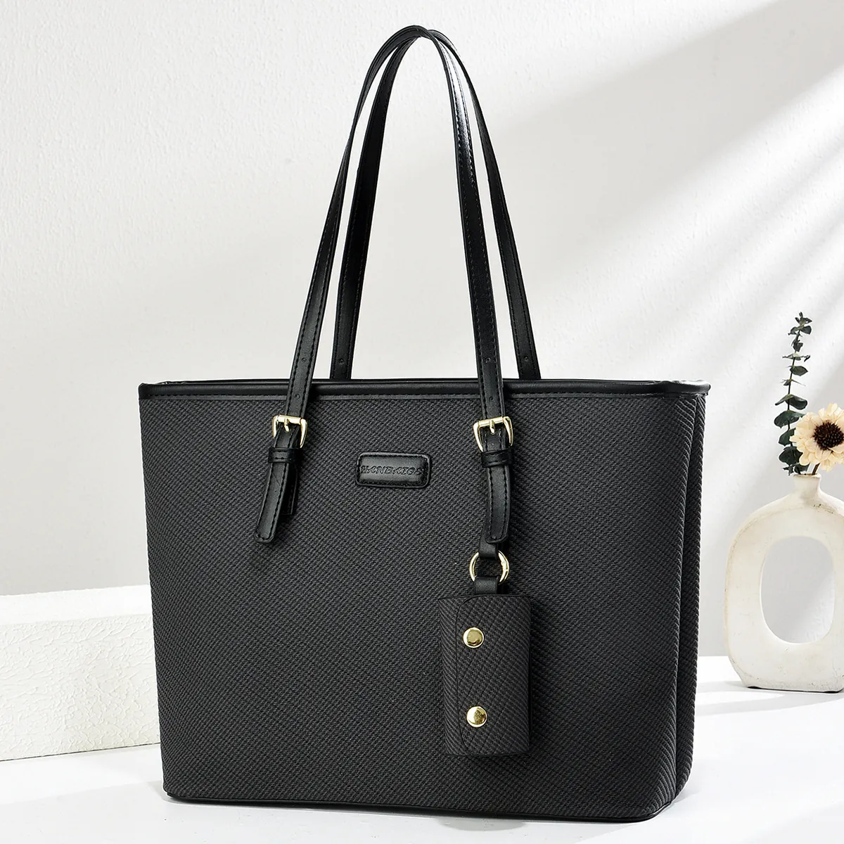 Women Large Capacity Tote Bag Woven Texture PU Leather Shoulder Handbag With Small Pouch Casual Commuter Office Daily Bag