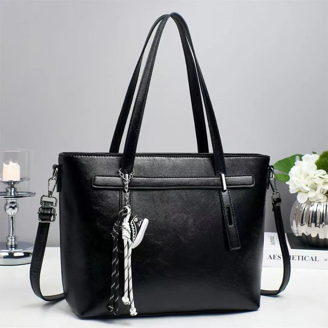 Women Large Capacity PU Leather Tote Bag Commuting Shoulder Bag With Decorative Pendant And Adjustable Strap Handbag For Office Daily