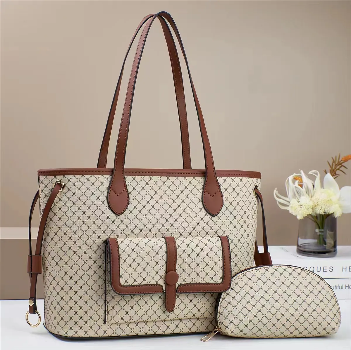 Women Fashion Geometric Grid Tote Bag Set PU Leather Large Capacity Shoulder Bag With Small Pouch Commuting Handbag