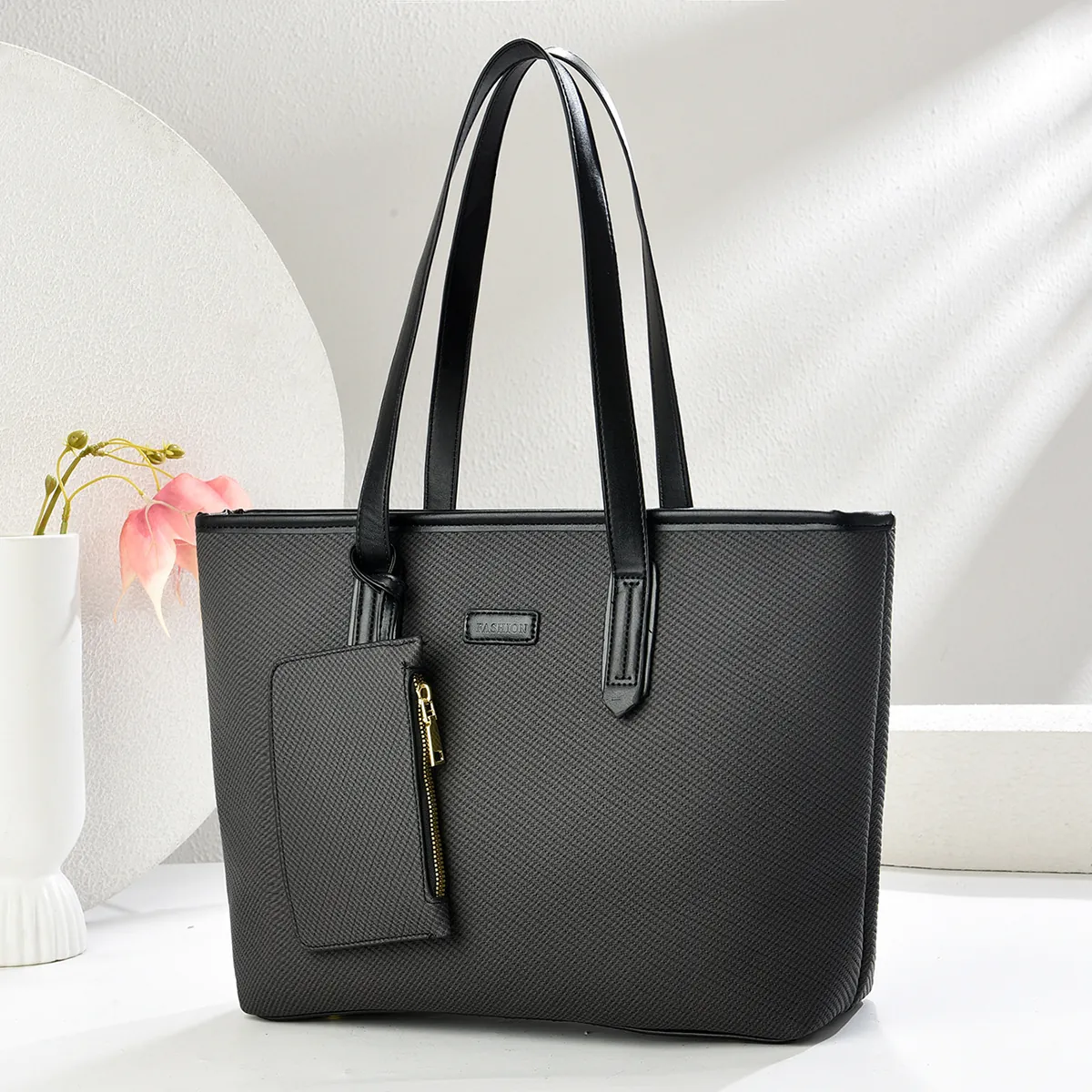 Women Large Capacity Woven Tote Bag PU Leather Urban Minimalist Commuter Shoulder Bag With Matching Small Pouch Fashion Handbag