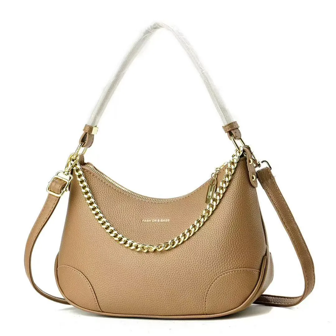 Sac Hobo Mode pour Femmes Grain de Litchi Cuir PU Demi-Lune Sac Bandoulière Chaîne Dorée Sac à Main Grande Capacité