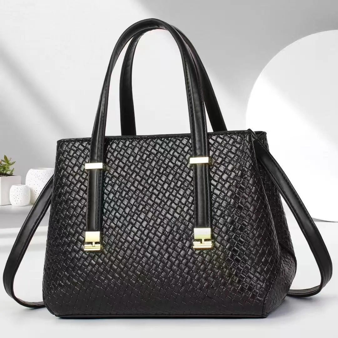Fashion PU Leather Handbag For Women Woven Texture Large Capacity Crossbody Bag With Gold Metal Decoration Daily Tote Bag