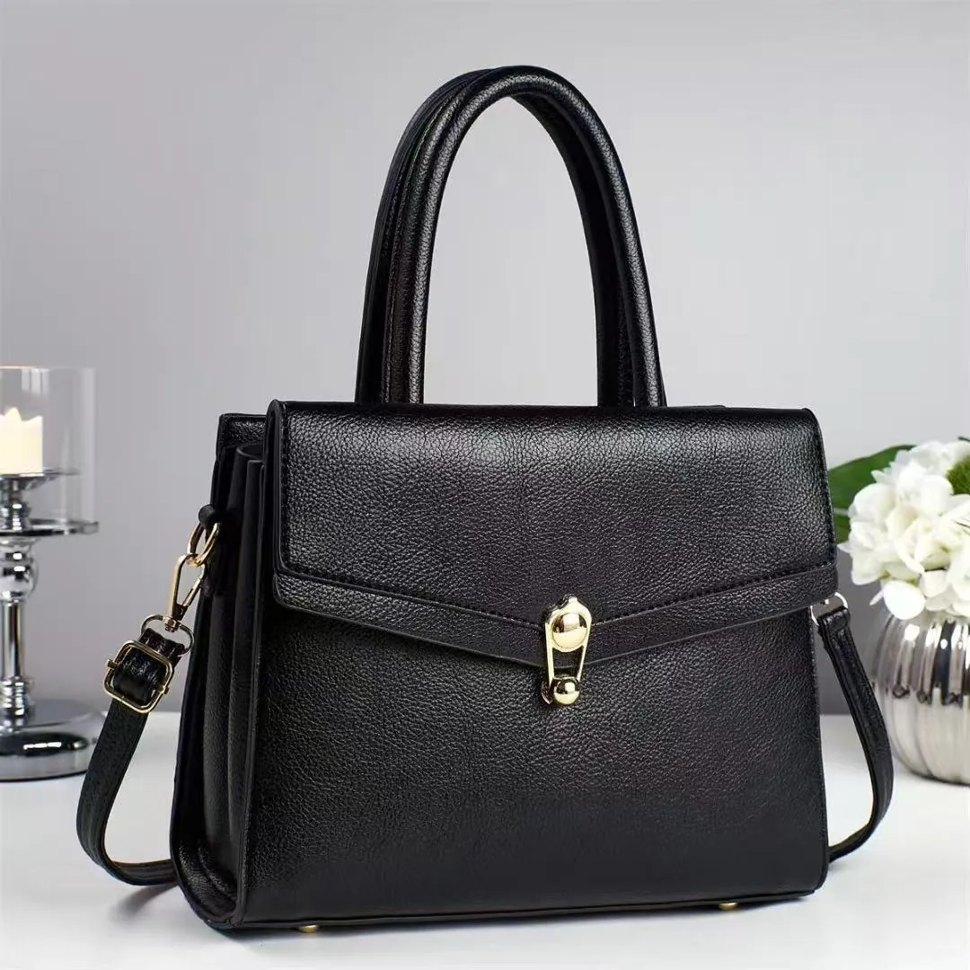Women Litchi Grain PU Leather Handbag Large Capacity Commuter Shoulder Bag With Golden Lock And Adjustable Strap Flap Tote