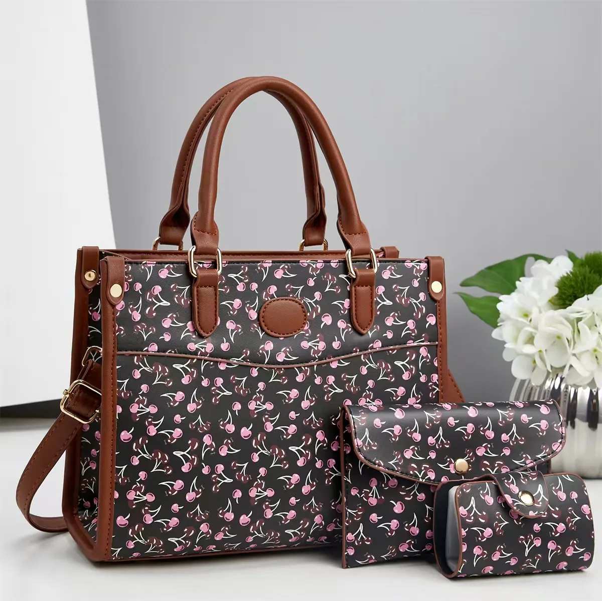 Sac Cabas en Cuir PU Imprimé Cerises pour Femmes Avec Sac à Main Et Porte-Cartes Sac à Bandoulière Tendance