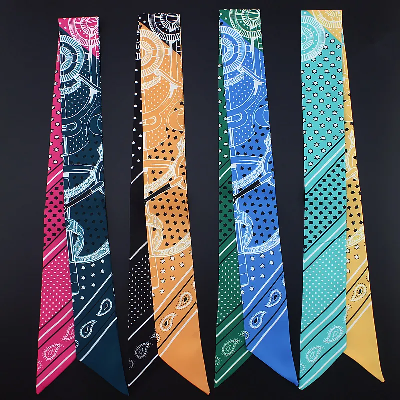 Damen Twilly Schal Satin Schmal Haarband Paisleymuster Stern Druck Tasche Griff Bandana Schal Mode Accessoire
