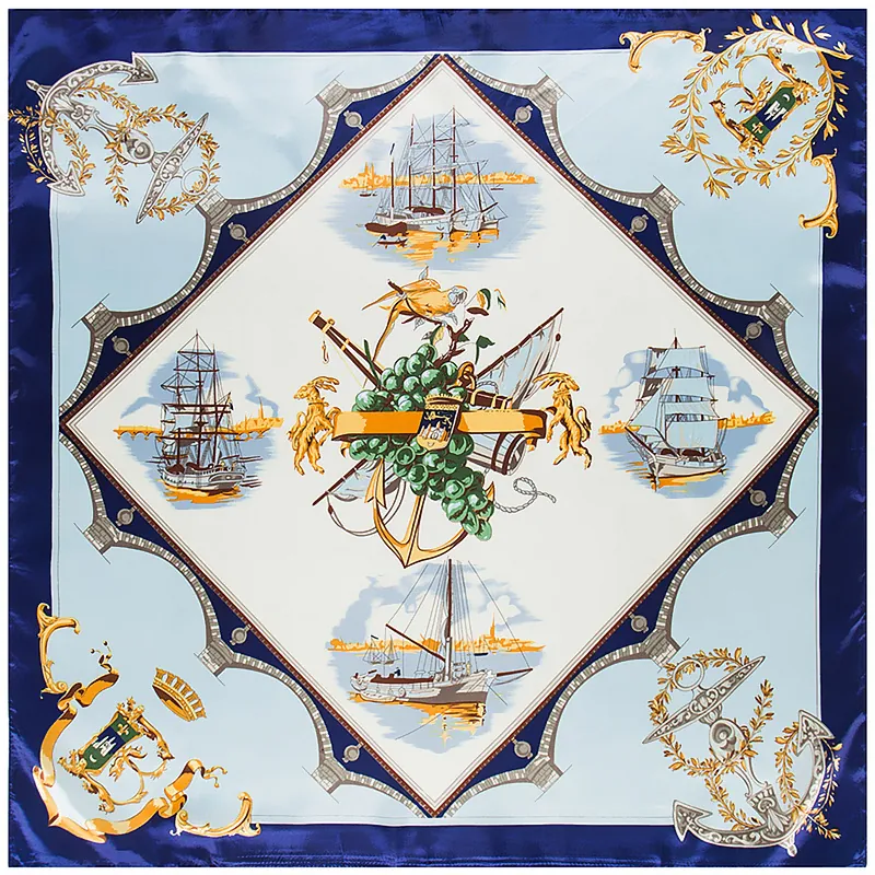 Women Satin Square Scarf Vintage Nautical Ship Print Large Neck Head Kerchief Fashion Silk Feeling Hair Wrap Bandana