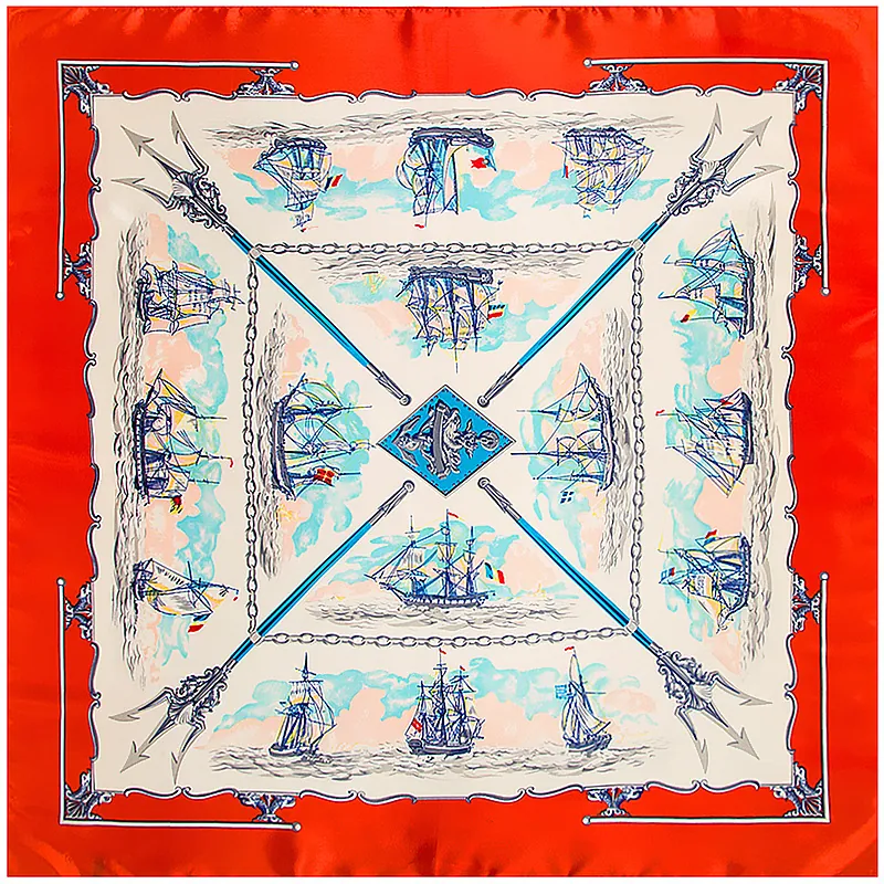 Foulard Quadrato in Raso Grande da Donna Stampa Veliero Nautico Vintage Stile Francese Elegante Accessorio per Capelli e Collo Sciarpa