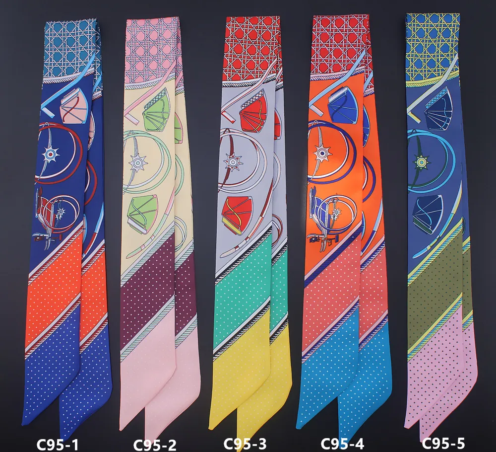 Elegant Women Satin Twilly Scarf Narrow Hair Band Geometric Equestrian Pattern Bag Handle Wrap Ribbon Decorative Neckwear
