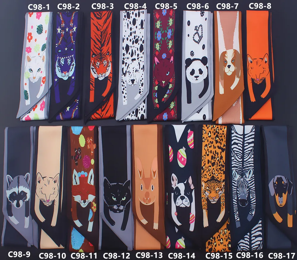 Écharpe Étroite en Satin pour Femmes Mode Série Animale Dessin Animé Ruban de Sac Bandeau Foulard Imprimé Accessoires