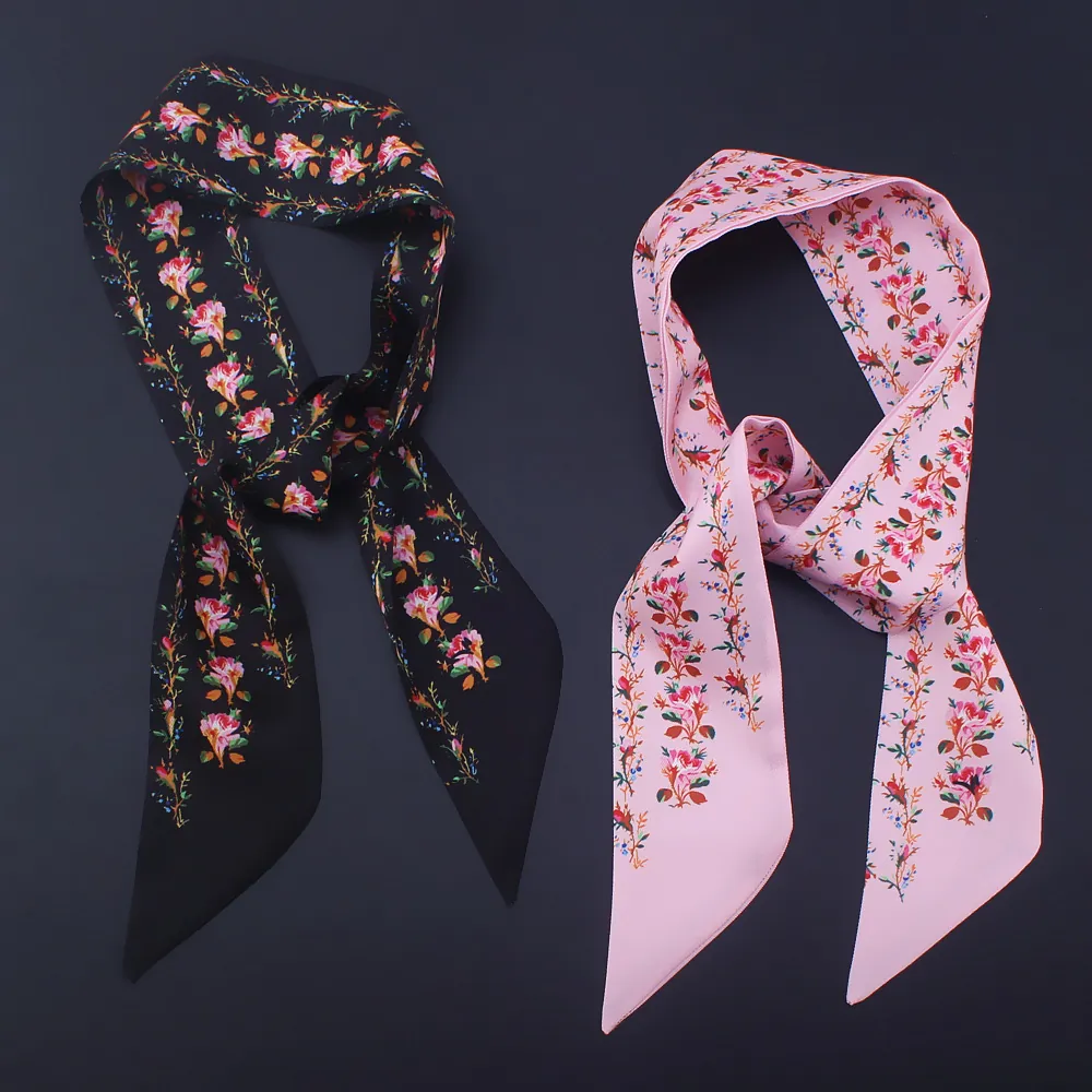 Women's Floral Print Satin Twilly Scarf Elegant Narrow Handbag Ribbon Ribbon Tie Fashion Decorative Hair Band Neck Scarf