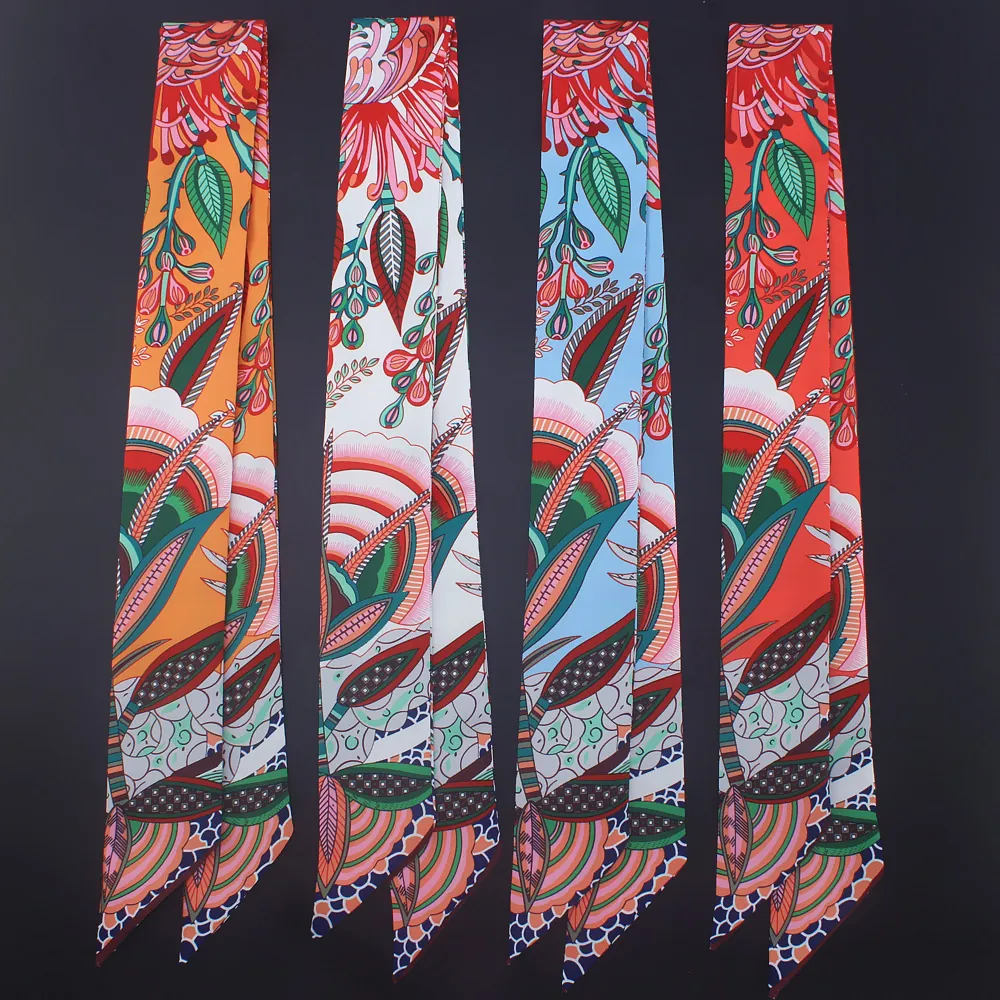Bohemian Floral Satin Skinny Twilly Scarf For Women Handle Wrap Hair Band Tie Ribbon Headband Fashion Scarf Accessory