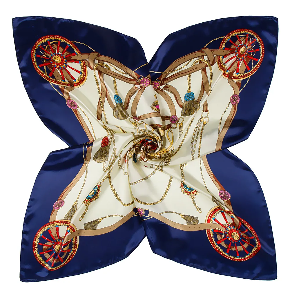 Women Elegant French Vintage Satin Square Scarf Luxury Carriage Wheel Chain Print Fashion Silk Like Decorative Head Scarf