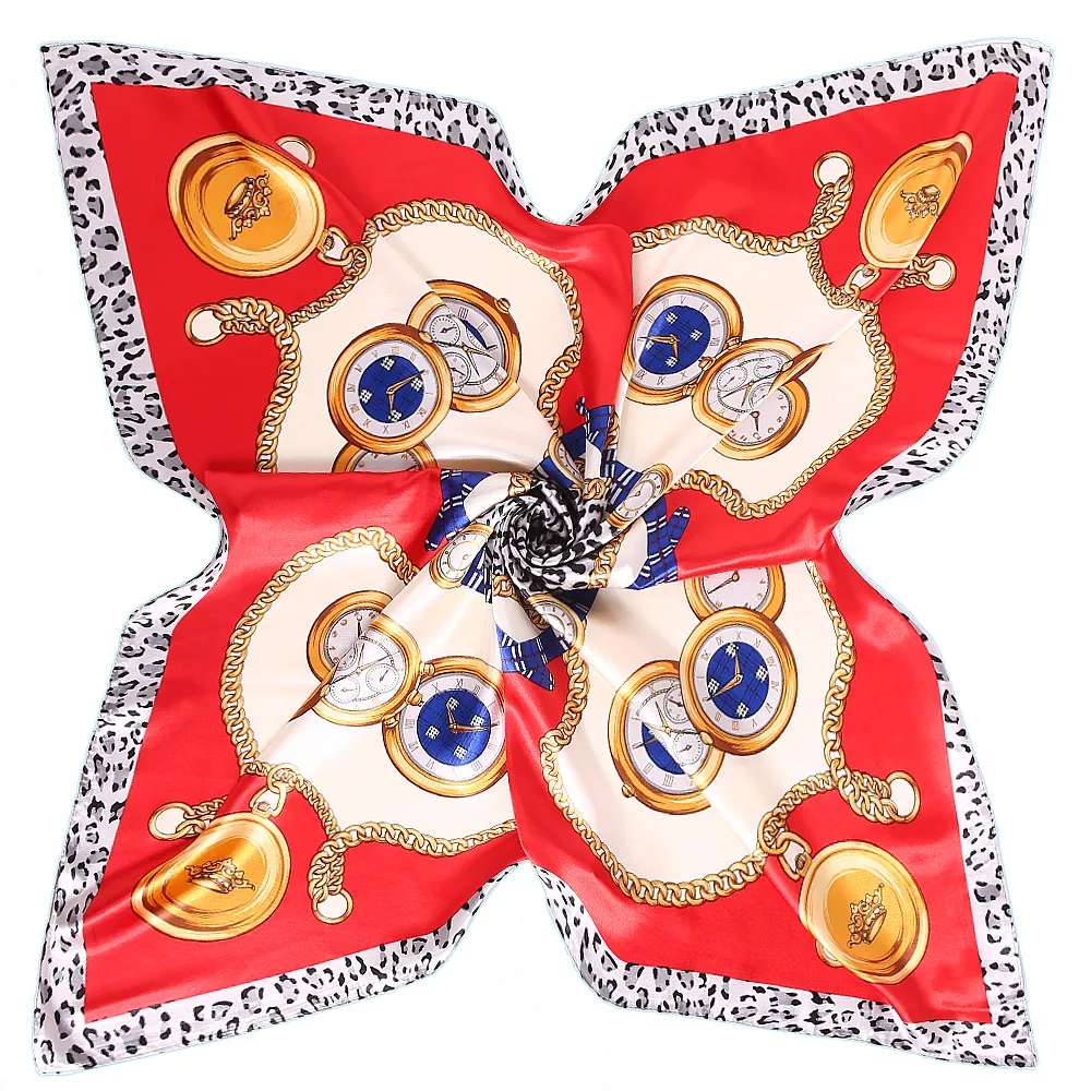 Luxury Satin Square Scarf Women Vintage Leopard Print Gold Chain Clock Pattern Silk Feeling Scarf Fashion Lady Accessory