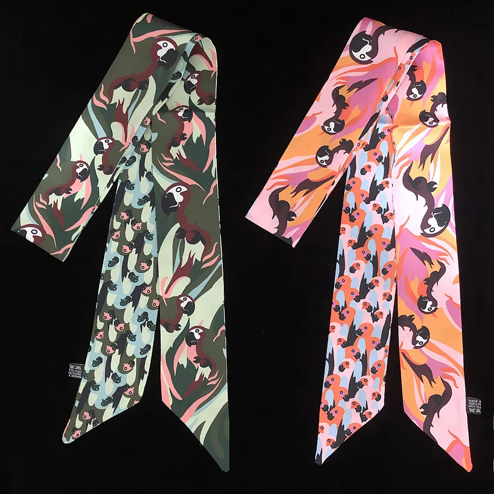 Parrot Print Satin Skinny Scarf Multifunctional Handle Ribbon Neckerchief Hair Band For Women Fashion Decorative Accessories