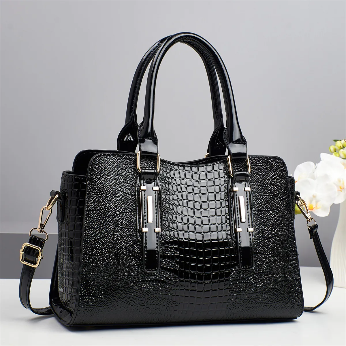 Borsa a Mano da Donna con Motivo a Coccodrillo in Pelle PU Grande Capacità Borsa a Tracolla con Hardware Dorato