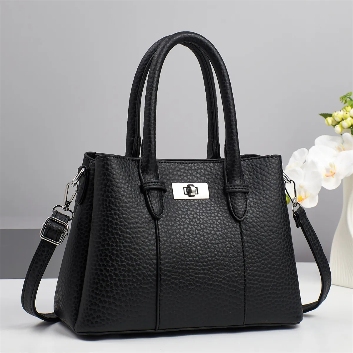 Minimalist Litchi Pattern PU Leather Top Handle Bag For Women Elegant Commuter Tote Bag With Adjustable Shoulder Strap