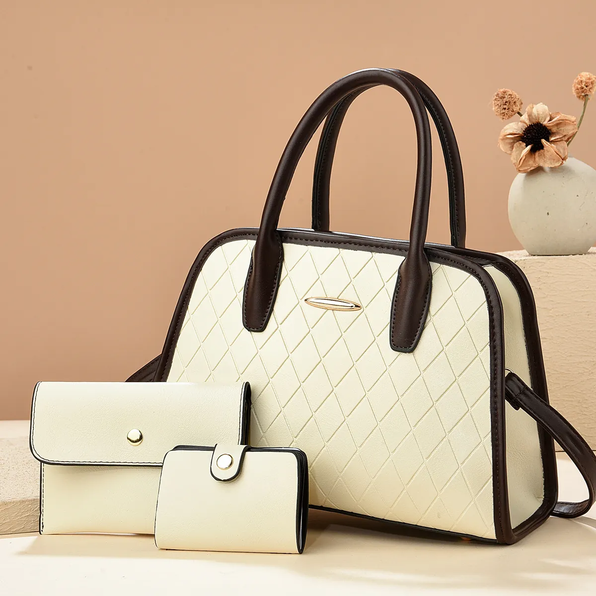 Women Quilted PU Leather Fashion Shoulder Bag With Handbag Card Holder Retro Contrast Color Large Capacity Tote Satchel