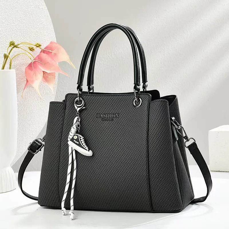 Women Fashion Queen Woven Texture Handbag With Mini Sneaker Charm PU Leather Tote Crossbody Bag For Daily Daily Use