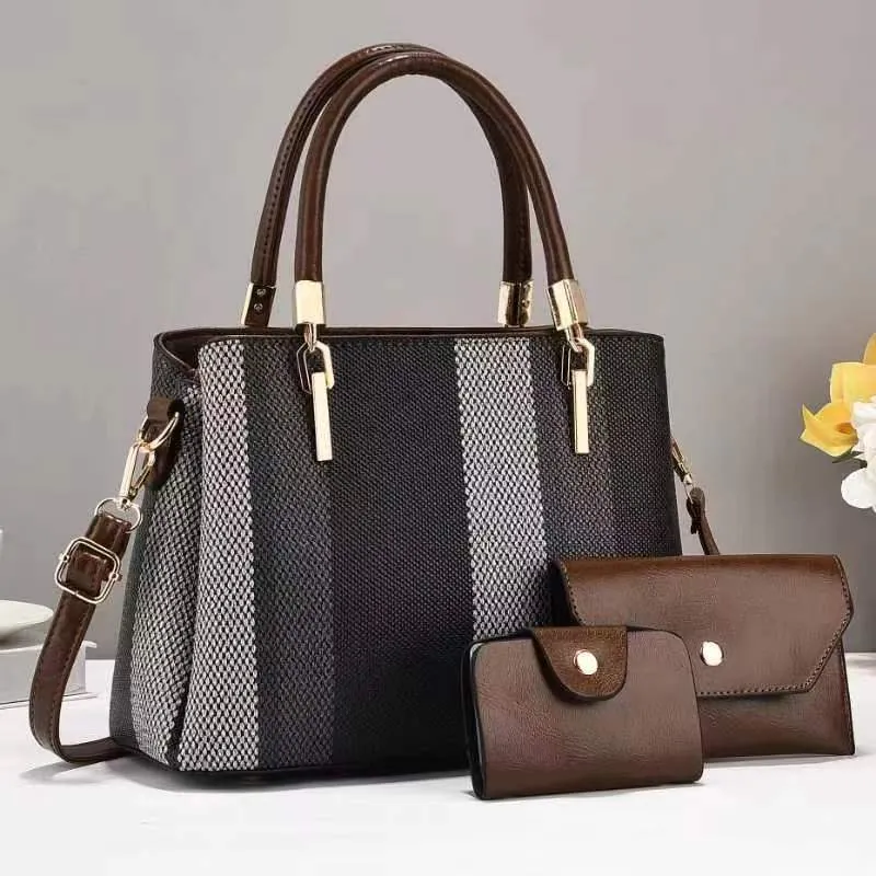 Sac À Main En Toile À Rayures Contrastées Pour Femmes Grande Capacité Sac À Bandoulière Pochette Et Portefeuille Mode Dame Tote Urbain Minimaliste