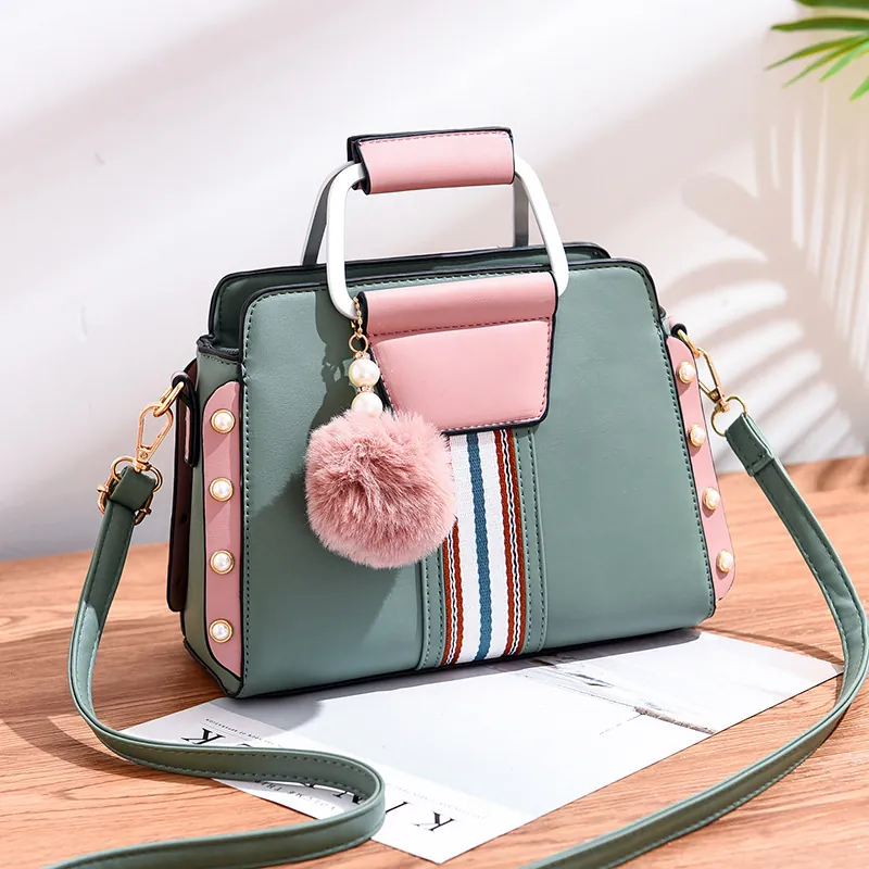 Women Contrast Color PU Leather Handbag With Plush Ball Charm Artificial Pearl Decor Striped Webbing Fashion Crossbody Shoulder Bag