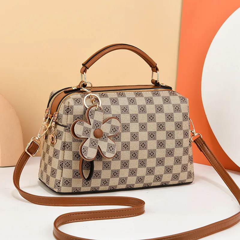 Retro Checkerboard Floral Boston Bag For Women PU Leather Crossbody Bag With Flower Pendant Fashion Large Capacity Handbag