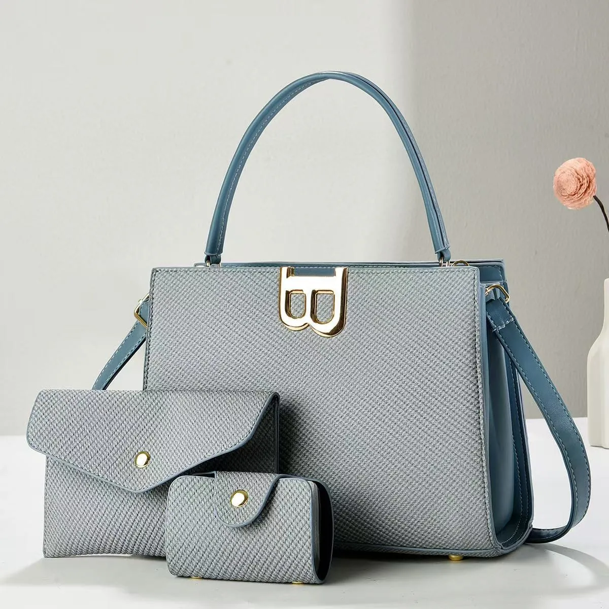Women Woven Texture PU Leather 3-in-1 Handbag Set Large Capacity Tote Shoulder Bag Envelope Wallet Card Holder Business Bag