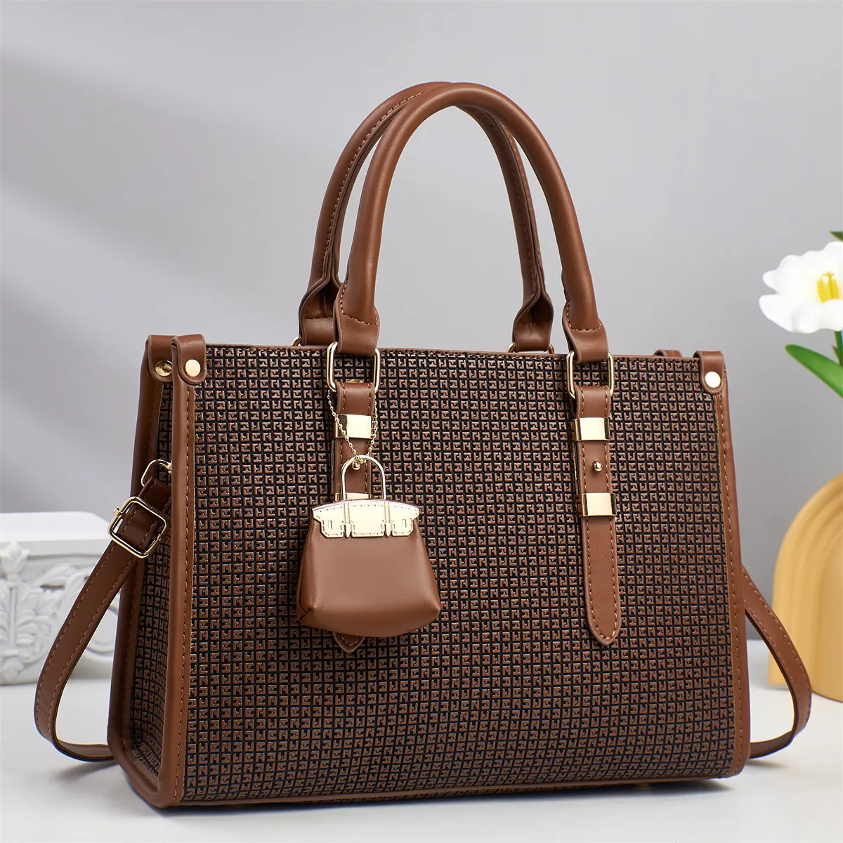 Women Fashion PU Leather Handbag Large Capacity Tote Bag Geometric Pattern Commuter Shoulder Bag With Mini Bag Charm