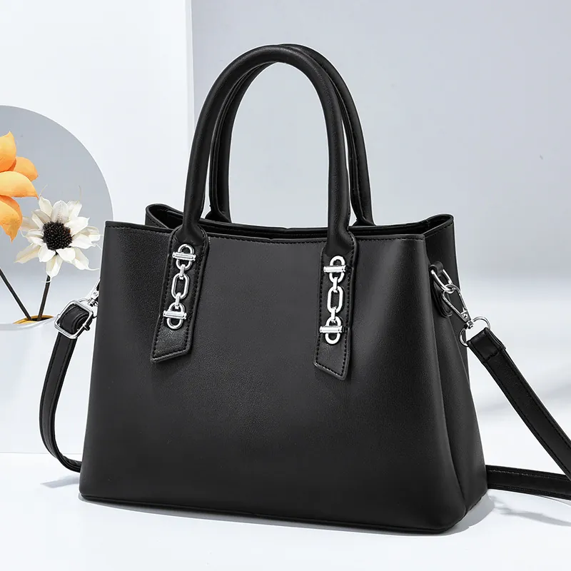 Women Trendy PU Leather Handbag Contrast Color Shoulder Crossbody Bag With Silver Chain Detail Stylish Trapezoid Tote