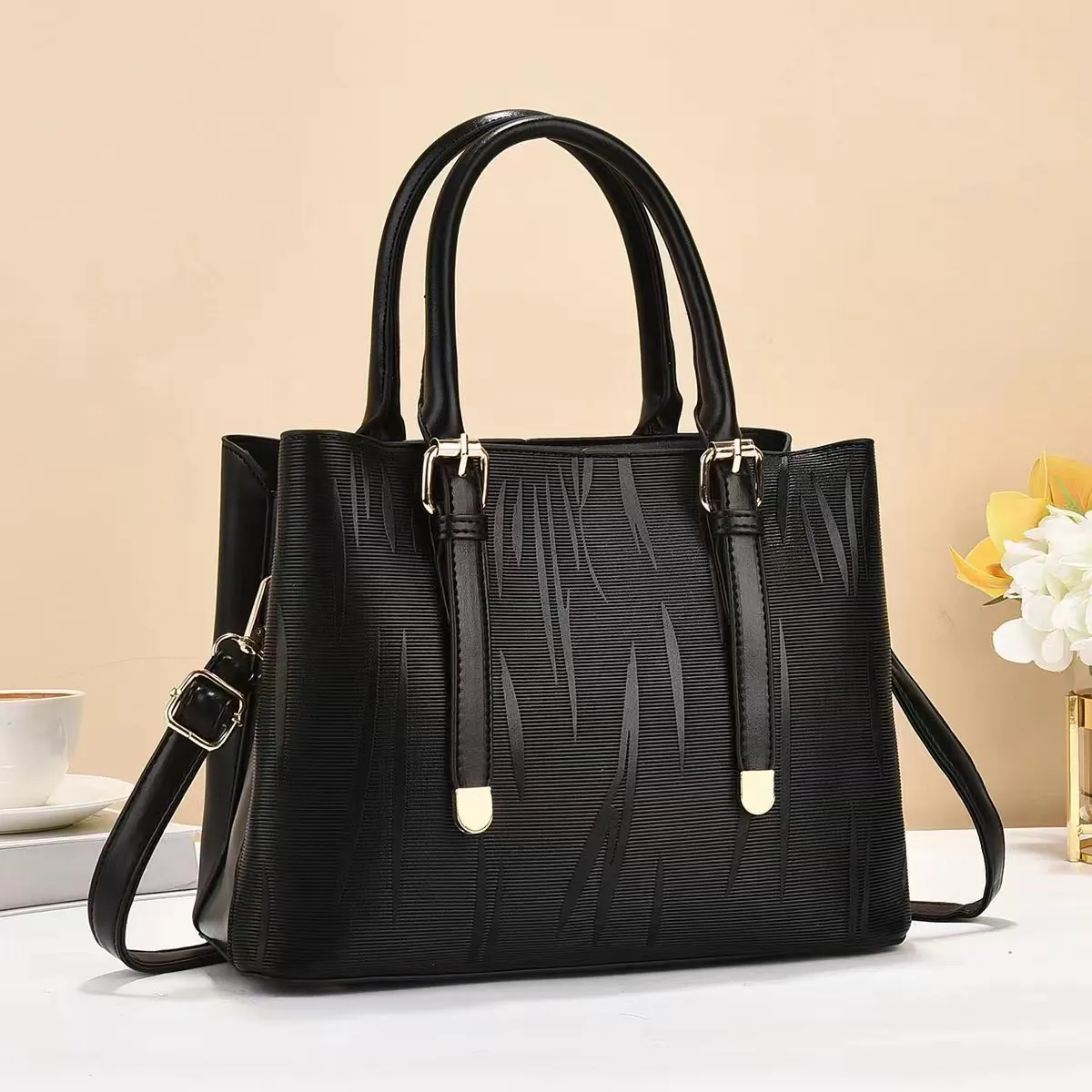 Minimalist Ripple Texture PU Leather Bucket Bag For Women Large Capacity Shoulder Crossbody Tote Handbag Daily Work Bag