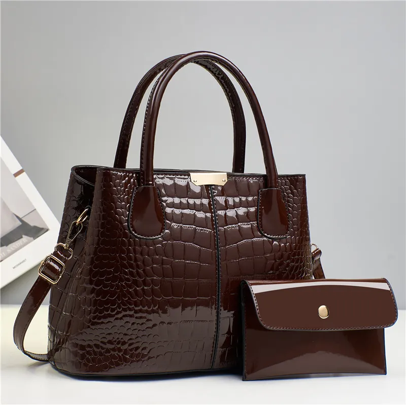 Women Fashion Crocodile Pattern Patent Leather Handbag And Small Pouch Glossy PU Shoulder Crossbody Bag With Gold Hardware