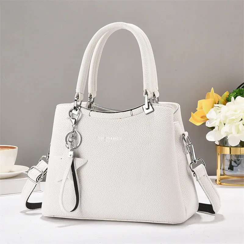 Women Litchi Grain PU Leather Tote Bag With Star Charm Fashion Large Capacity Shoulder Crossbody Bag For Everyday Commute